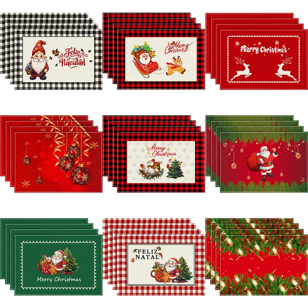 4/6/8PcsChristmas Theme Linen Place Mats Linen Table Mats for Party Dining Decor Non-Slip Heat-Resistant KitchenDinnerTable Mats 1