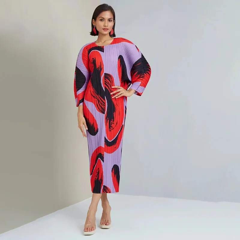 Miyake Pleated Hand Painted Long Dress 2022 New Spring Summer Loose Women Long Sleeves Designer Elegant Fashion Clothes In Stock