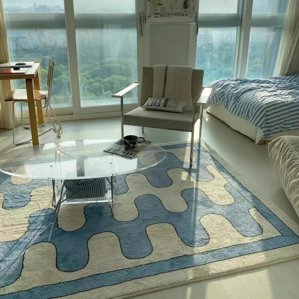 

Living Room Carpet Checkerboard Art Home Decor Fluffy Plush Bedroom Rug Wave Coffee Table Mat Customize 풀밭 ковер Tapete מַרבַד
