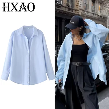 HXAO 2025 Women's Shirt Long Blue Shirt Women Spring Long Sleeve Oversize Shirts Blouses Korean Style Casual Button Up Shirts 1