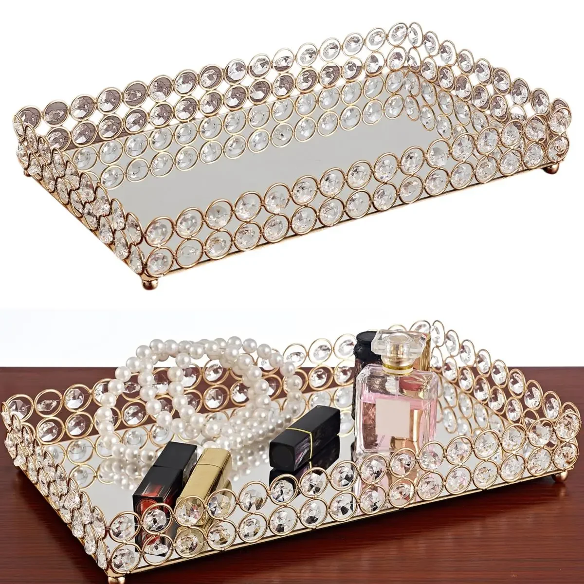 

Lipstick Trinket Decorative Home Tray Makeup Plate Storage Table Luxury Mirror Dish Serving Glass Tray Perfume Crystal Organizer