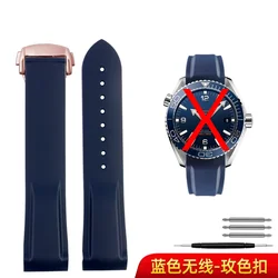 Silicone Strap with Quarter Orange Accent for Men's Watch - Curved Design, 20mm/22mm (Blue rose gold)