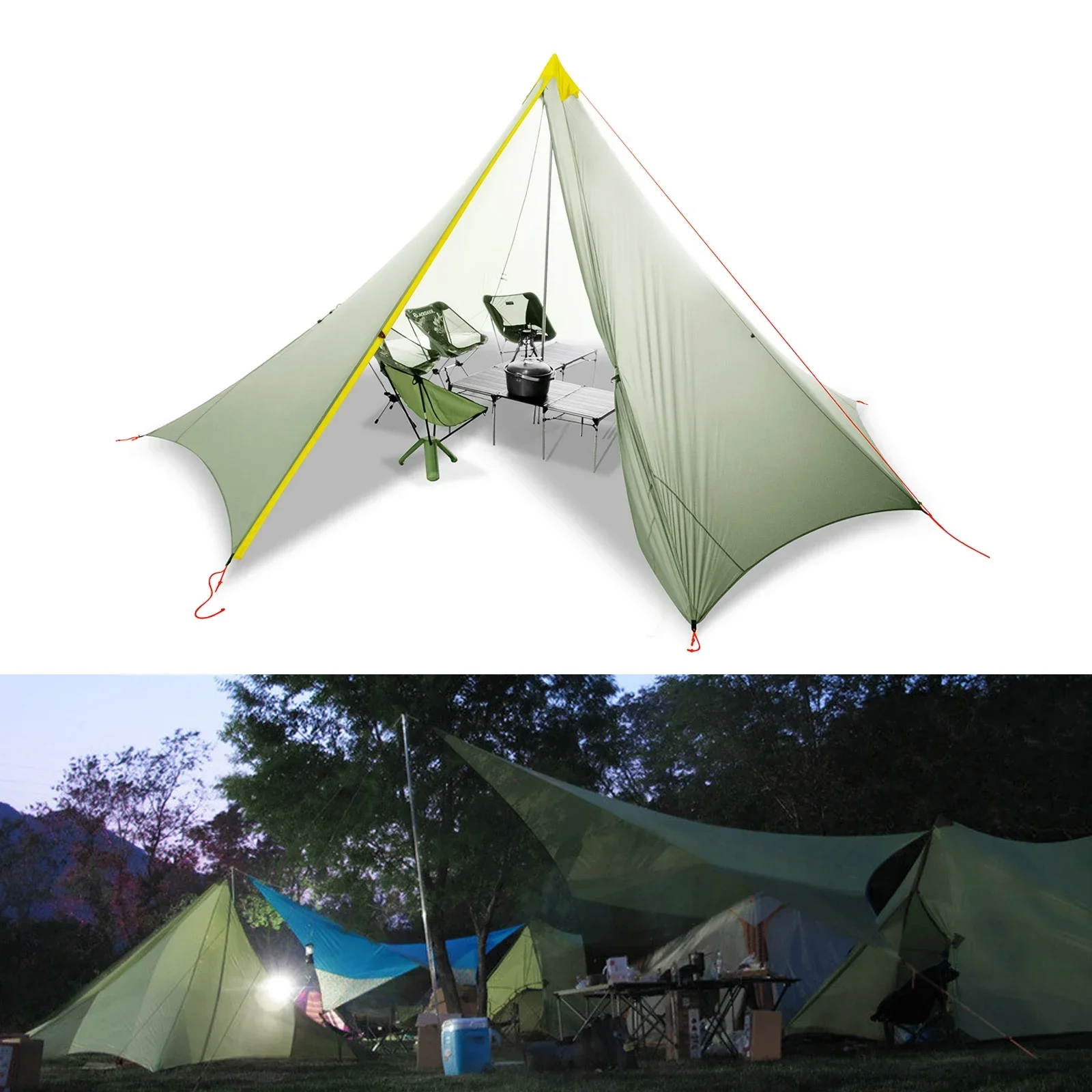 Ultralight 1350g 4 Season 10 Person 20D Nylon Both Sides Silicon Coating Rodless Pyramid Large Space Tent Flysheet Awning Canopy
