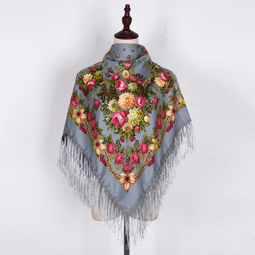 Russian Scarf Shawls Women Fringed Square Bandana Muslim Headscarf Hijab National Floral Blanket Scarves 110x110cm 6