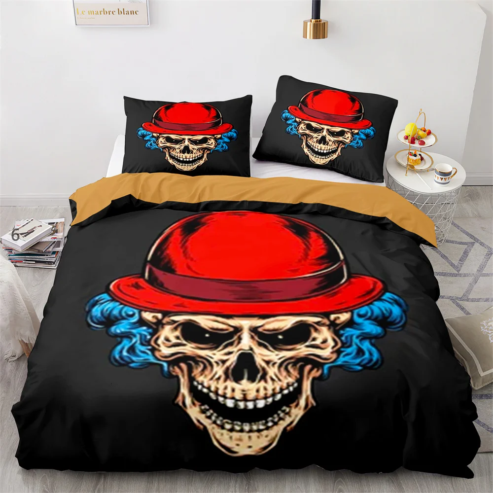 Skull Comforter Cover Red Hat Blue Hair Smile Duvet Cover Set King Size for Kids Boys Girl Halloween Gift Polyester Bedding Set