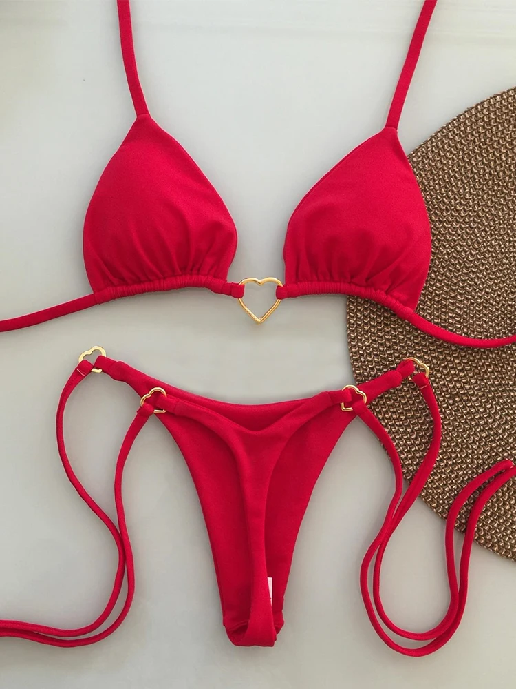 Sexy Low Waisted Bikini Set Swimsuit Female Swimwear Women Solid Red Strappy Beachwear Bathing Suits Brazilian biquini bikini set bikini swimsuit women swimwear