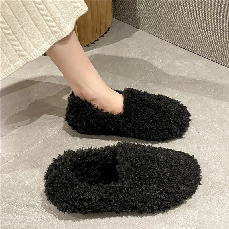 

Luxury Lambwool Moccasins Femme Winter Cotton Shoes Women Warm Plush Loafers Comfy Curly Sheep Fur Flats Woman