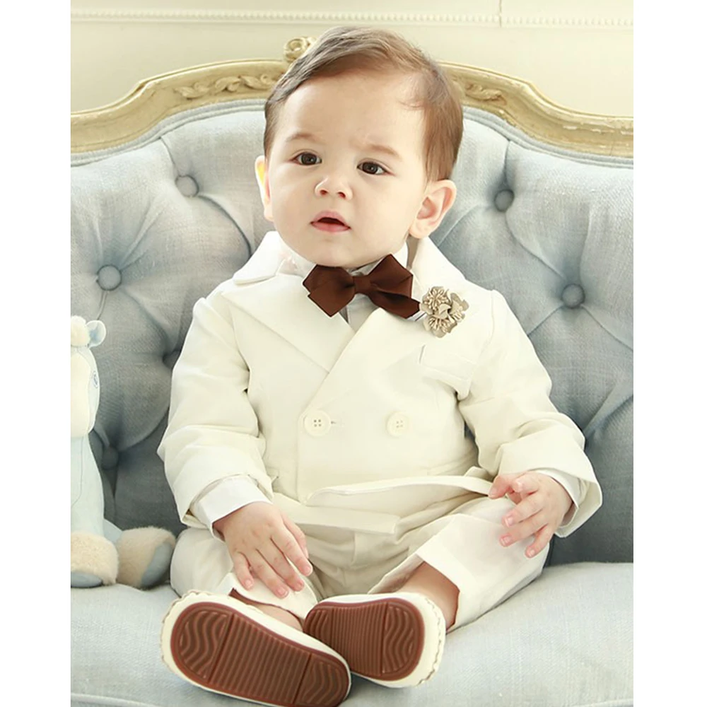 Kids Boys White Blazer Suspenders Pants 3PCS Set Children Baptism Wedding Suit Baby Boy Elegant Dress Party Costume Boys Suits