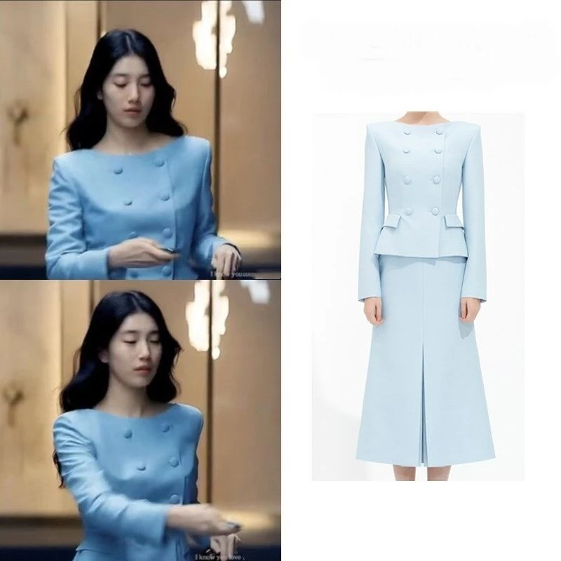 Office Women Double Breasted Shirt Blazer 2022 Korean Drama Star 수지 Elegant A Line Knee-Length Slit Skirt Women Two Pieces Sets