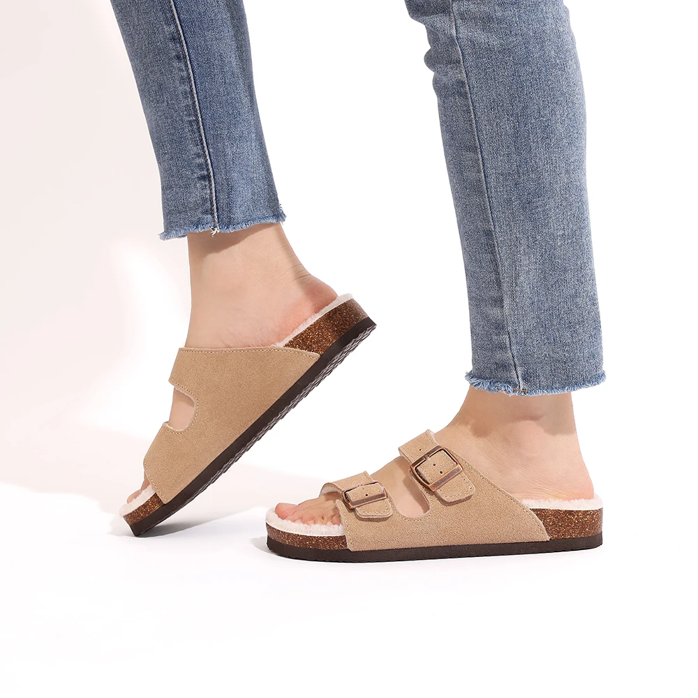 Women's Cork Clogs With Double Buckle And Warm Fleece Lining_voghion.com