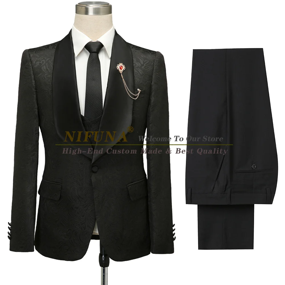 

Stylish Black Jacquard Shawl Lapel Wedding Man Suit 3 Piece Set Groom Tuxedo Slim Fit Men Stage Costume Prom Dress Blazer Sets