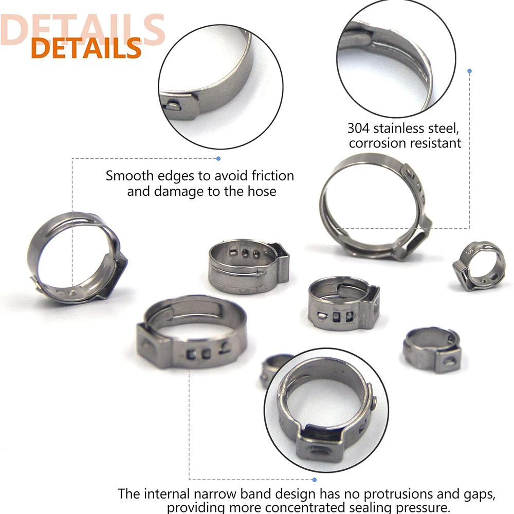 MLINS 60pcs Single Ear Hose Clamps Stainless Steel Cinch Clamps For Pex Tube Clamp Assortment Kit Stainless Steel Crimp Rings Tube Cinch Clamps - View #4