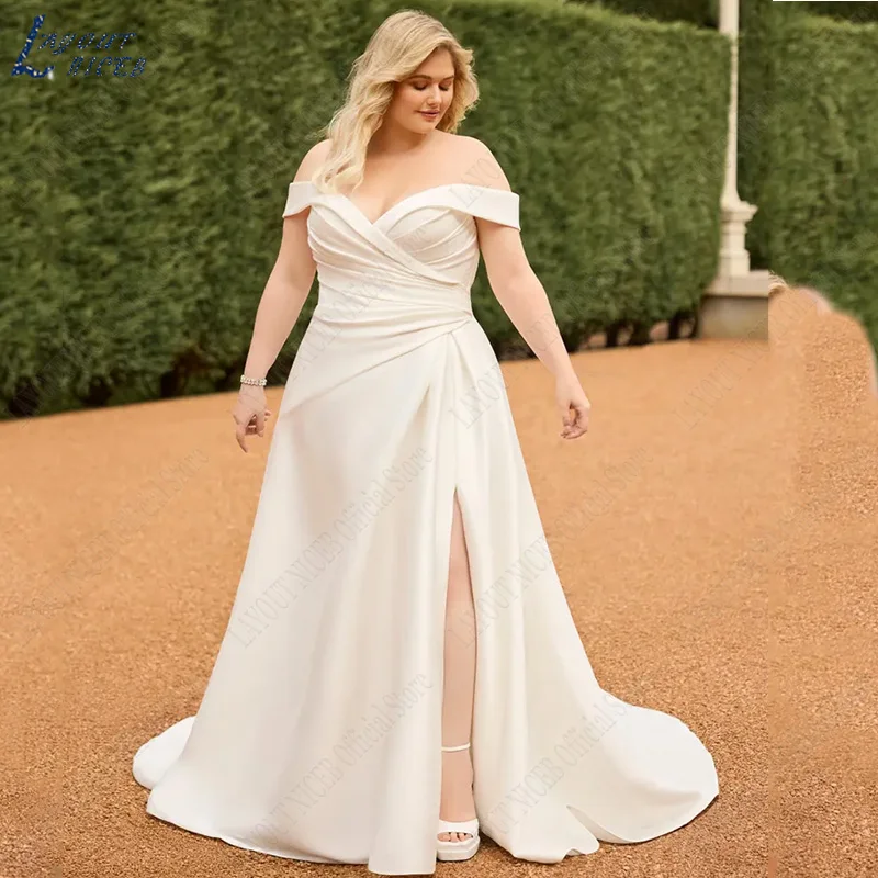 A-Line Court Train Satin Off the Shoulder Wedding Dress Plus Size