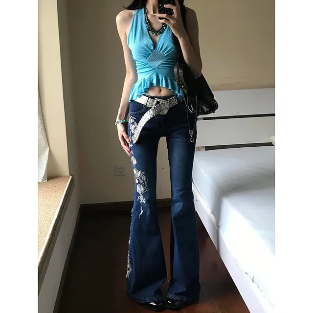 Pantalones vaqueros acampanados con bordado de rosas Y2k para mujer, Vaqueros holgados rectos de cintura alta, ropa de calle, pantalones Retro americanos 1
