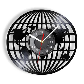 3D 글로브 지구 지도 비닐 레코드 벽 예술 여행 선물 전 세계의 지구지도 장식 벽 시계 빈티지 시계