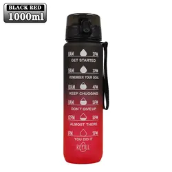 Gradient Color Motivational Sports Bottle with Time Scale - 900/1000ml, BPA-Free, Portable Fitness Straw Mug - 900-1000ml (Black red)