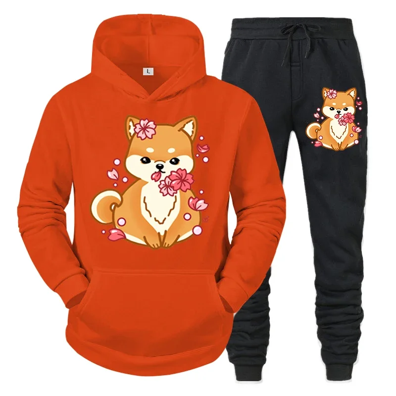 Conjunto de 2 piezas con estampado de anime Shiba Inu para hombre, sudadera con capucha y pantalones divertidos para amantes de los perros, ropa deportiva de moda de manga larga para otoño