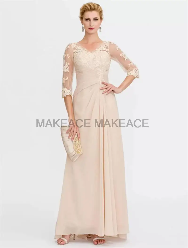 

Mother of the Bride Dresses Elegant V Neck Floor Length Chiffon Illusion Sheer Lace Half Sleeve Appliques vestidos de noche 2022