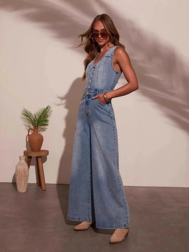 Wmstar Jumpsuits Rompers Women Wholesale New American Summer Casual V Neck Sleeveless Denim Jumpsuit for Woman Luxury 2025