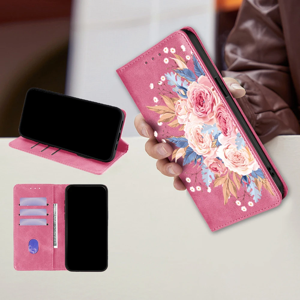 Floral Magnetic Leather Flip Wallet Case with Card Slots and Holster