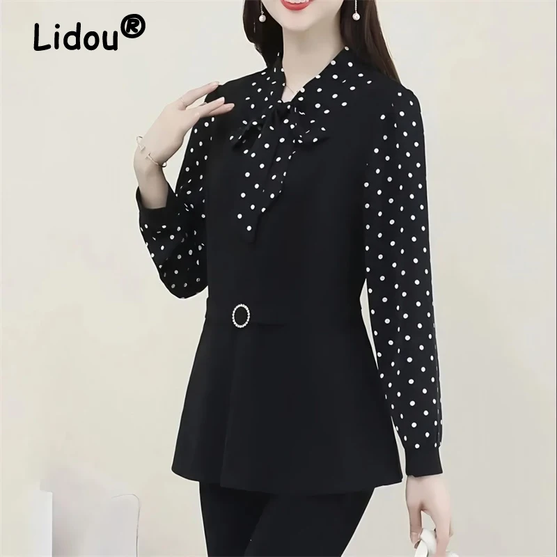 

Women Korean Fashion Leopard Dot Print Patchwork Blouse Bow Lace Up Slim Elegant Shirts Ladies Chic Belt Tops Long Sleeve Blusas