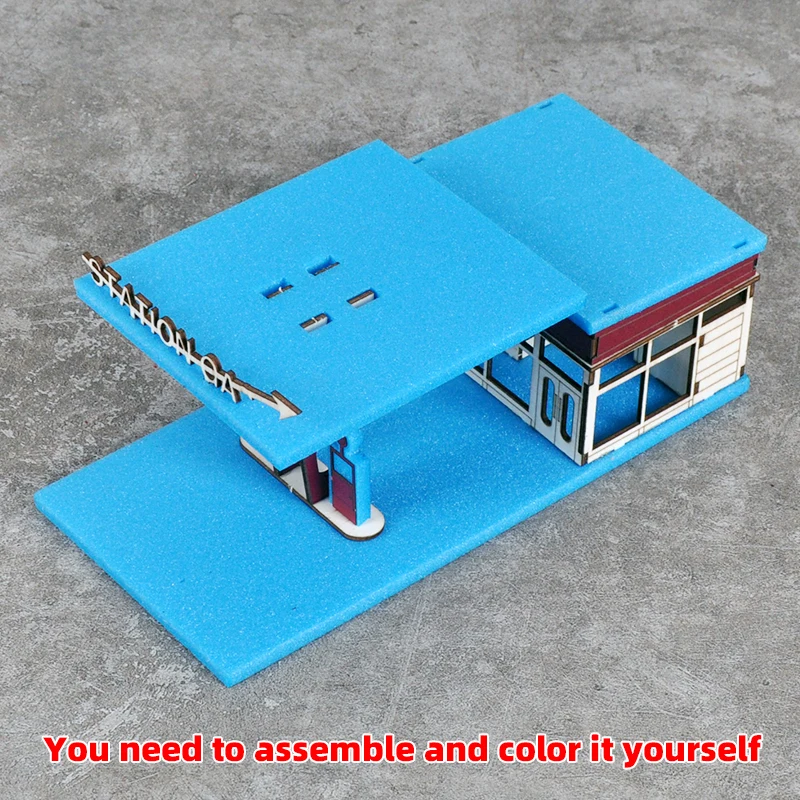 조립식 건축 모형 모래 테이블 주유소 휘발유 서비스 스테이션 현대식 자동차 스케일 모형 키트 1/64