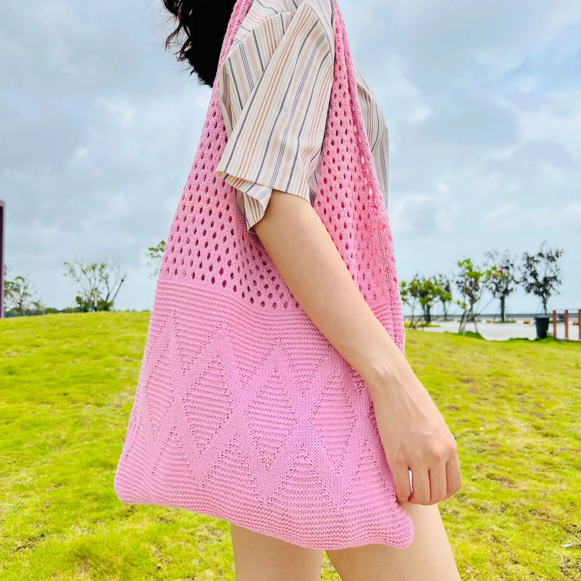 Soft Knit Fabric Cloth Shoulder Bag Summer Bright Solid Color Tote Diamond Lattice Shape Pattern Hollow Out Fashion French Style
