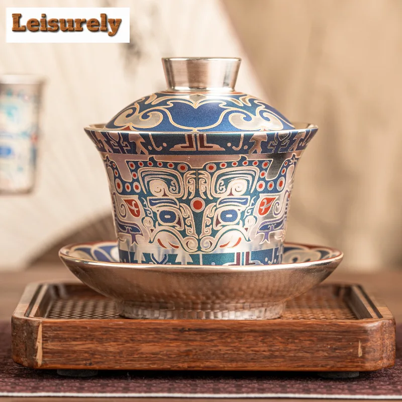 Handmade 999 Gilt Silver Gaiwan Taotie Pattern Three Talents Cup Saucer Tea Tureen Tea Brewing Cover Bowl Teaset Supplies Craft