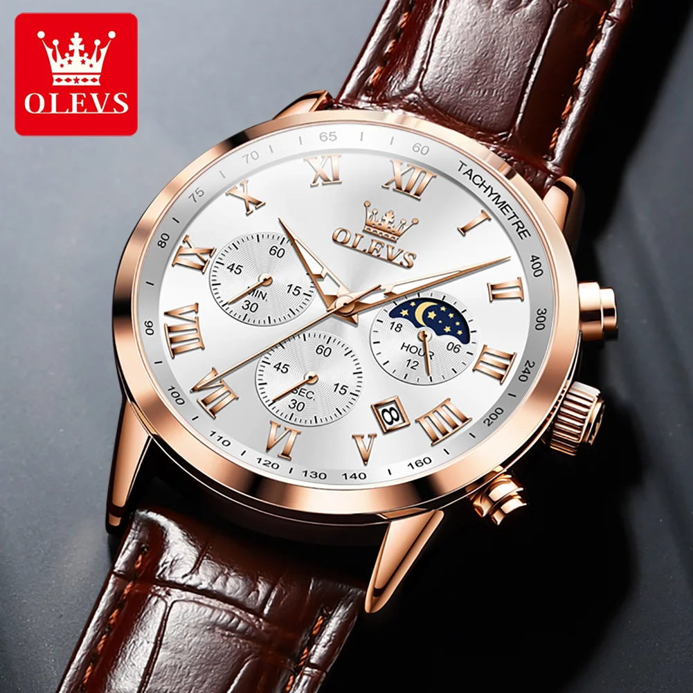 OLEVS Luxury Brand Men's Watches Moon Phase Calendar Waterproof Quartz Watch Original Chronograph Male Wristwatch Luminous