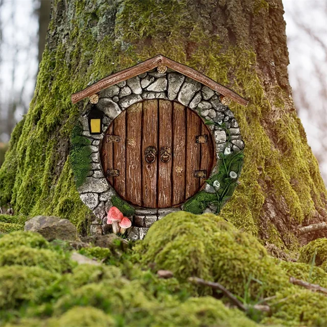 Miniatűr Mini Faajtó Tündér Gnome Ajtó Mikroszkópos Szobor Otthoni Udvar Művészeti Fa Szabadtéri Kert Dekoráció - Image 2