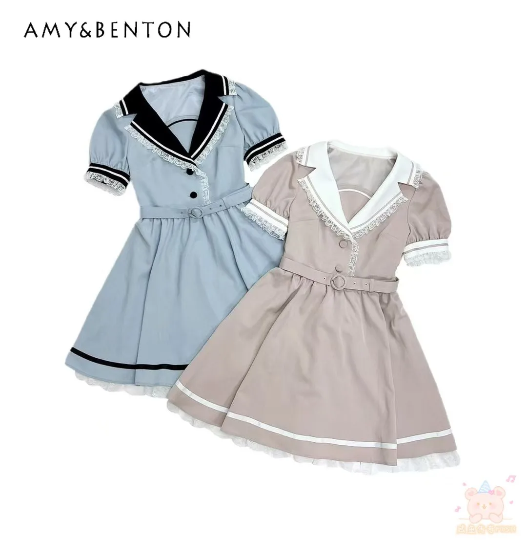 

SC Summer New Japanese Mine Series Mass-Produced Lapel Sweet Cute Mini Dress Kawaii Lace Slim Patchwork Lolita A-line Dresses