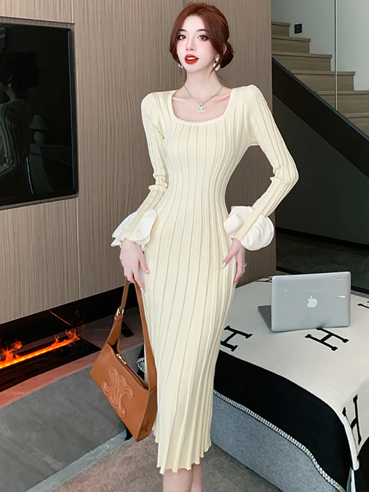 

2023 New Knitted Screw Thread Long Sleeve Square Collar Long Dress Women Elegant Bodycon Prom Dress Autumn Winter Fashion Dress