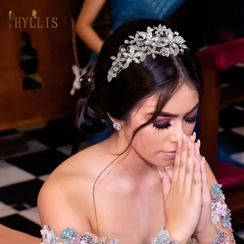 A411 Luxury Alloy Flower Wedding Hair Comb Bridal Crowns and Tiaras Wedding Hair Jewelry Rhinestone Headband for Party