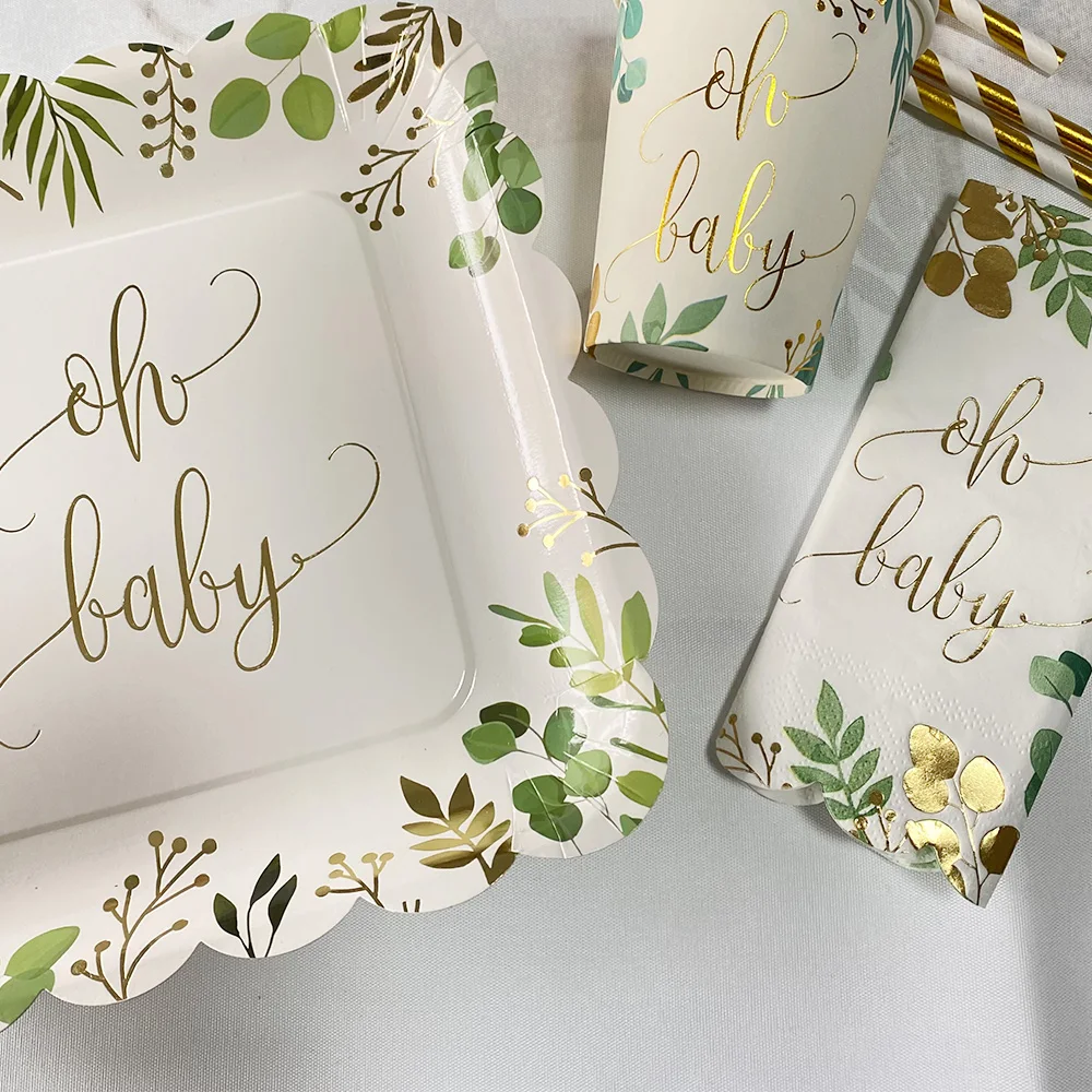 Description Picture 3 of itemGold Oh Baby Disposable Tableware Paper Plates Cups Napkin Baby Shower Gender Reveal Party Decoration Supplies