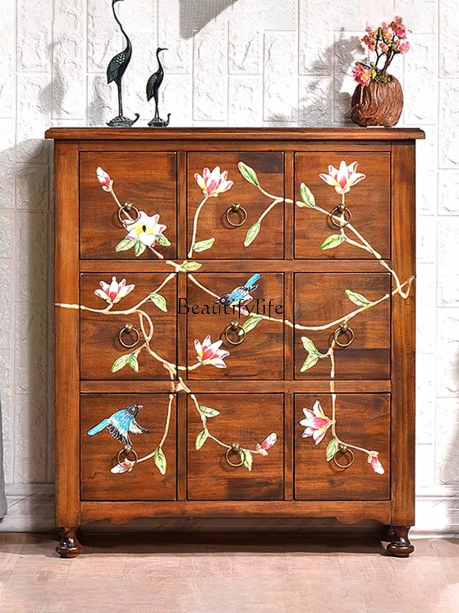 

New Chinese Style Camphor Wood Cabinet Vintage Solid Wood Painted Storage American Side Cabinet