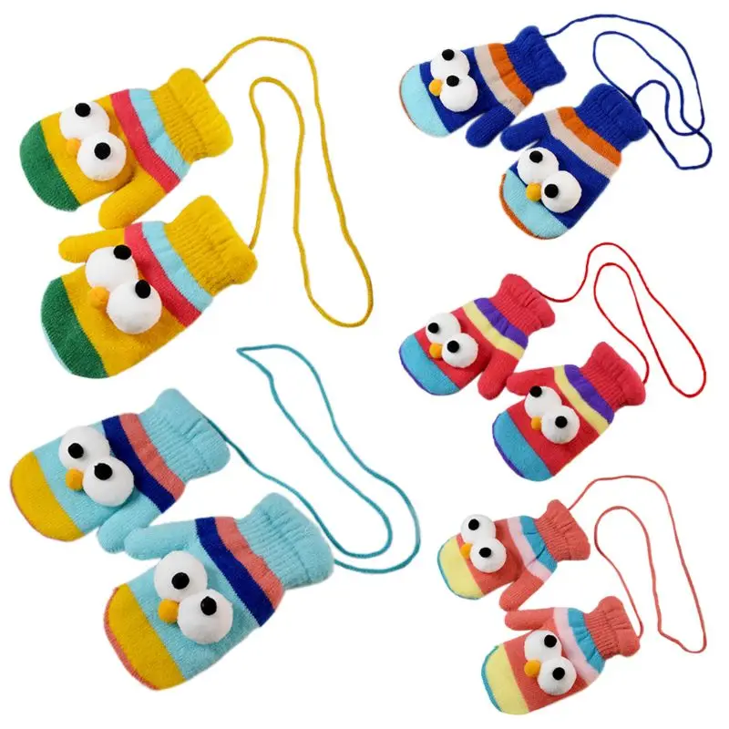 

Children Kids Winter Thickened Knitted Gloves Cartoon Big Eyes Nose Full Finger