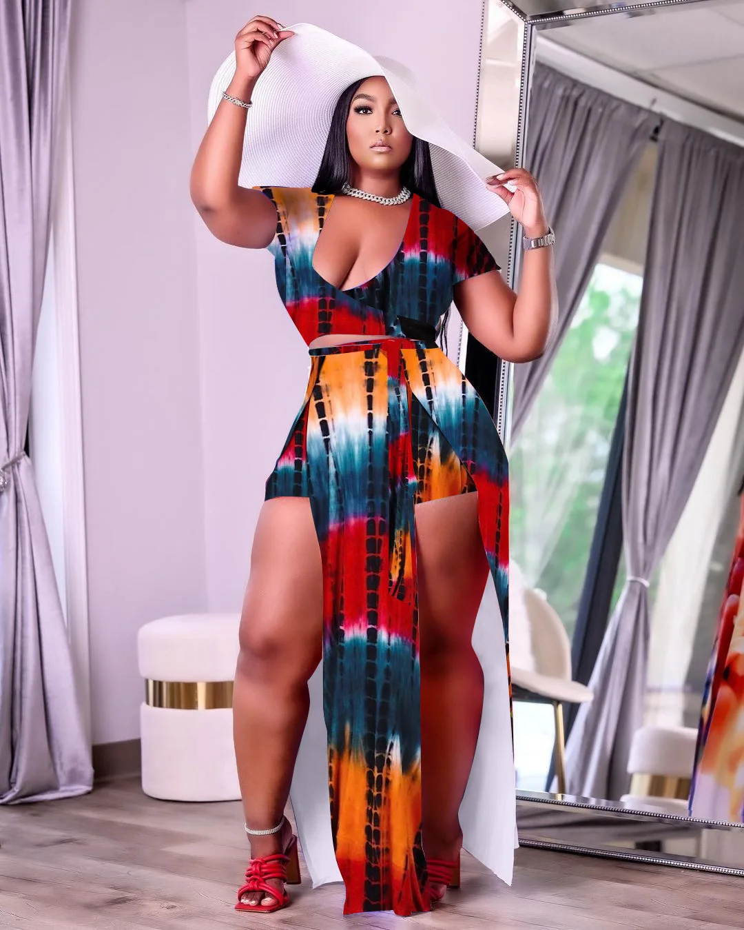 

Plus Size Women Sets Tie Dye Floral Bandage Shirts And Pants 2022 Summer Two Piece Set Fashion Female Bodycon Wholesale Clothes