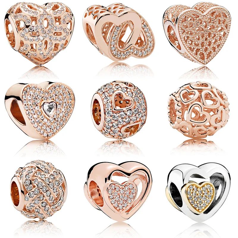 

Silver Color Beads Hollow Heart To Heart Rose Gold Crystal Bead For Original Pandora Charm Bracelets & Bangles Jewelry