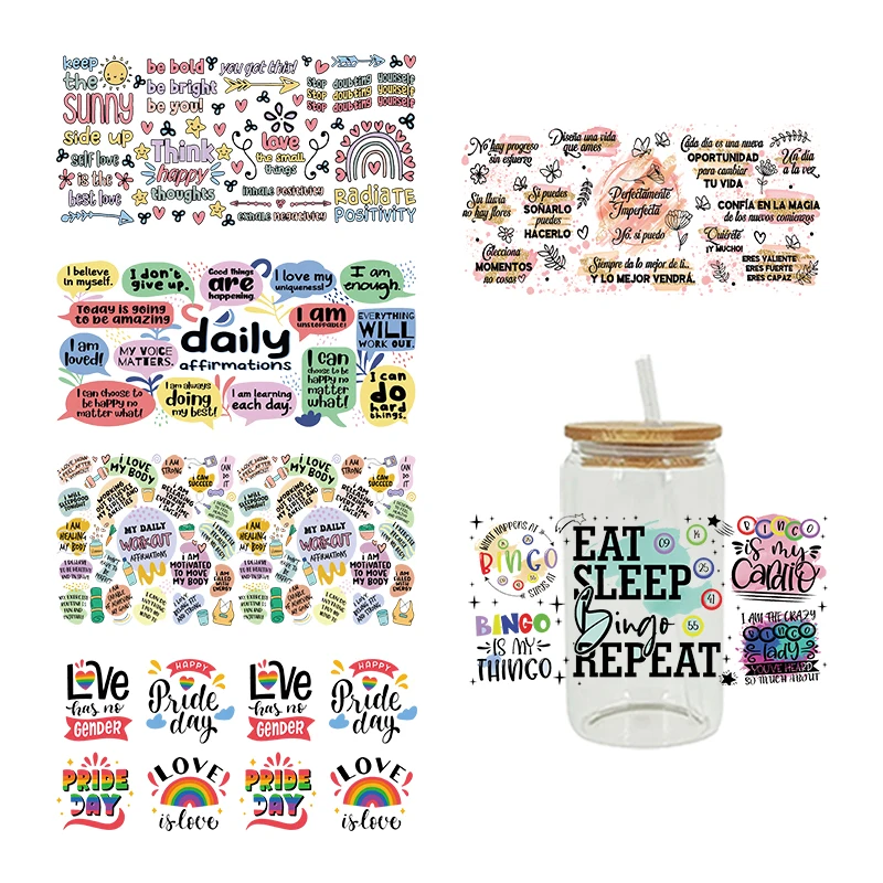 3D UV DTF Transfers Stickers 16oz Cup Wraps Words Language Printed For DIY Glass Ceramic Metal Leather Etc. D16643