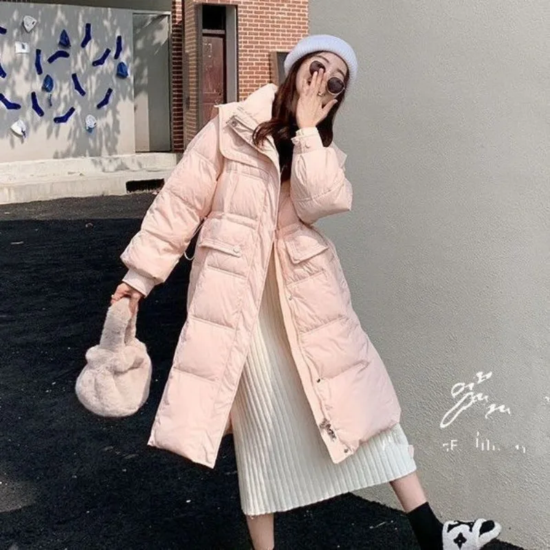 2023 New Women Down Jacket Winter Coat Female Warm Thick Parkas Mid Length Version Loose Outwear Stylish Navy Collar Overcoat