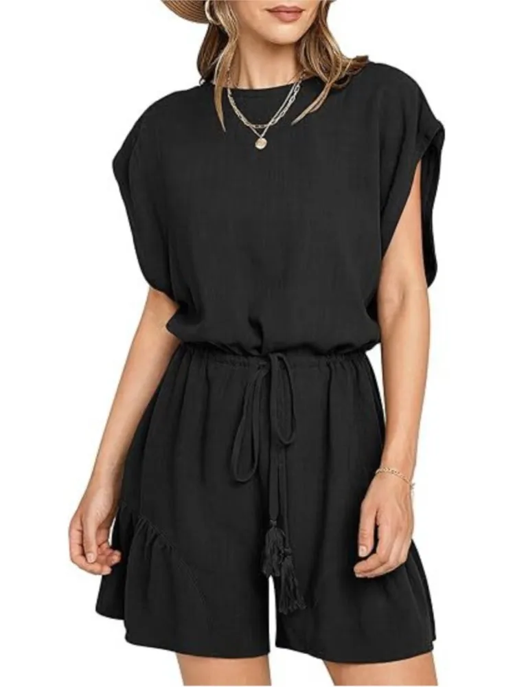 Women's Solid Jumpsuit Casual Loose Tassel Lace-up Waist Rompers 2024 Summer Beach Holiday O-neck Short-sleeve Jumpsuits Woman