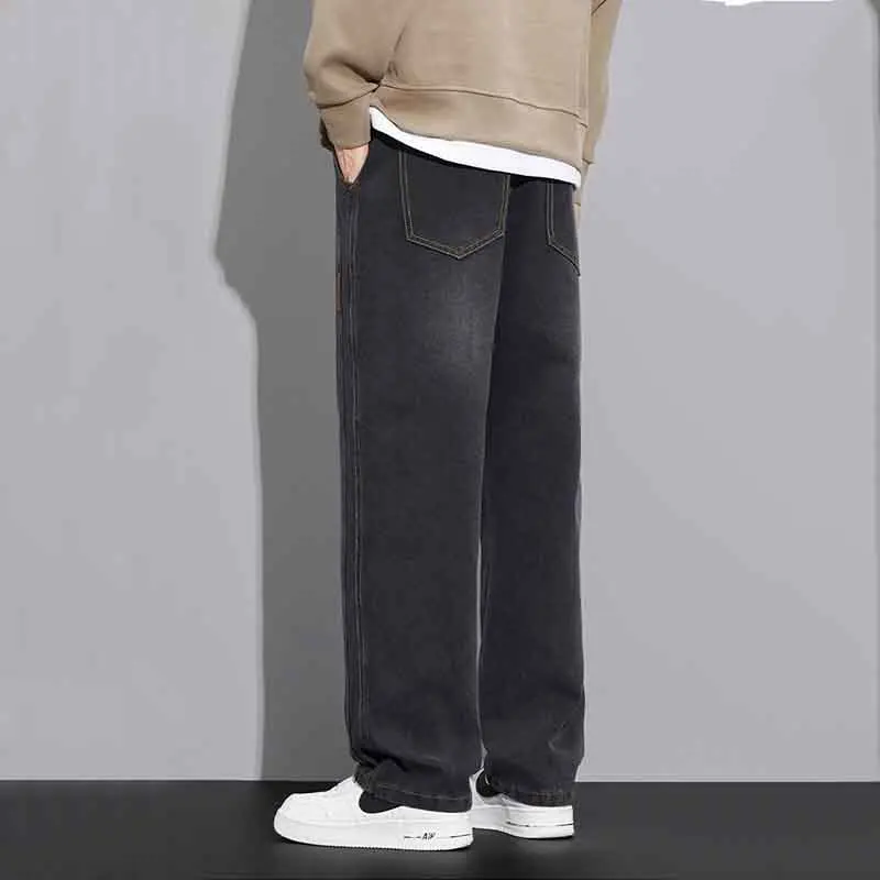 Korean Vintage Blue Wash Loose Casual Wide Leg Jeans Men Elastic Waist Drawstring Pocket Summer Versatile Straight Denim Pants