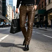 Pantalon droit en simili cuir pour hommes, coupe slim, décontracté, streetwear, pour le bureau, les voyages quotidiens 5