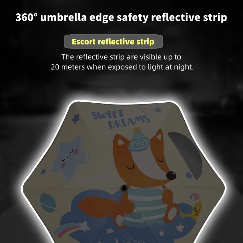 Cartoon UV Umbrella Long Hand Parasol Kids Sun Rain Umbrella Round Corners Protection Umbrellas Reflective strip