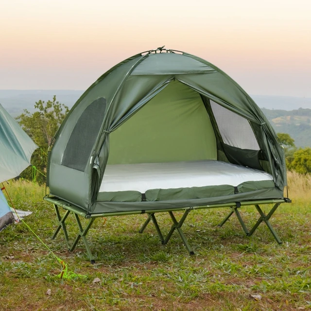 Lettino da campeggio pieghevole per 2 persone, portatile all'aperto con  sacco a pelo e materasso ad aria spessa, tenda da campeggio rialzata -  AliExpress