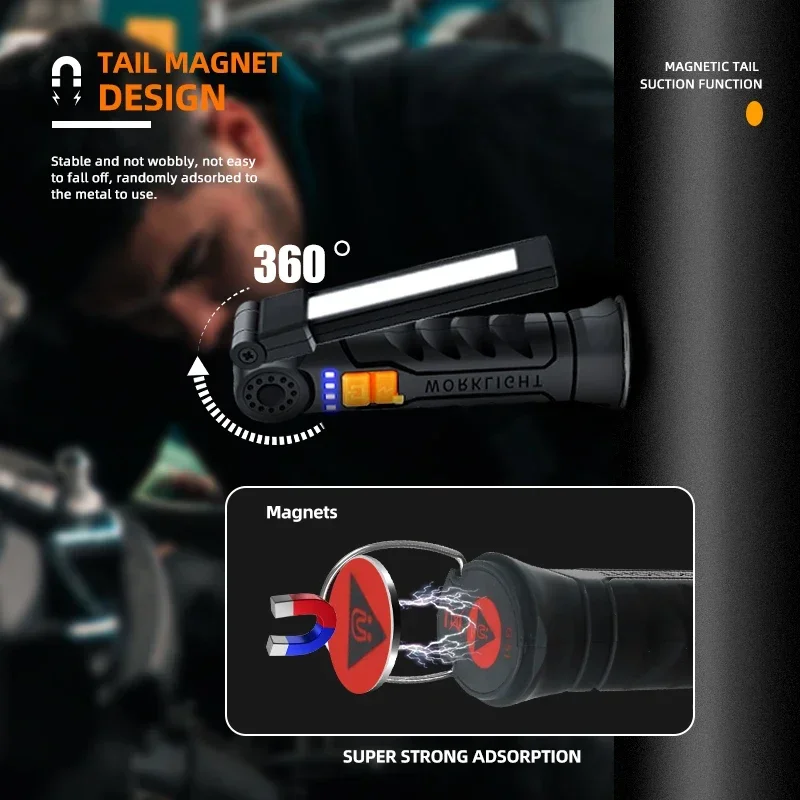 Lampe De Travail COB Rechargeable USB - 4 Modes, Aimant, Rotative 270°, Batterie 2800mAh, IP44