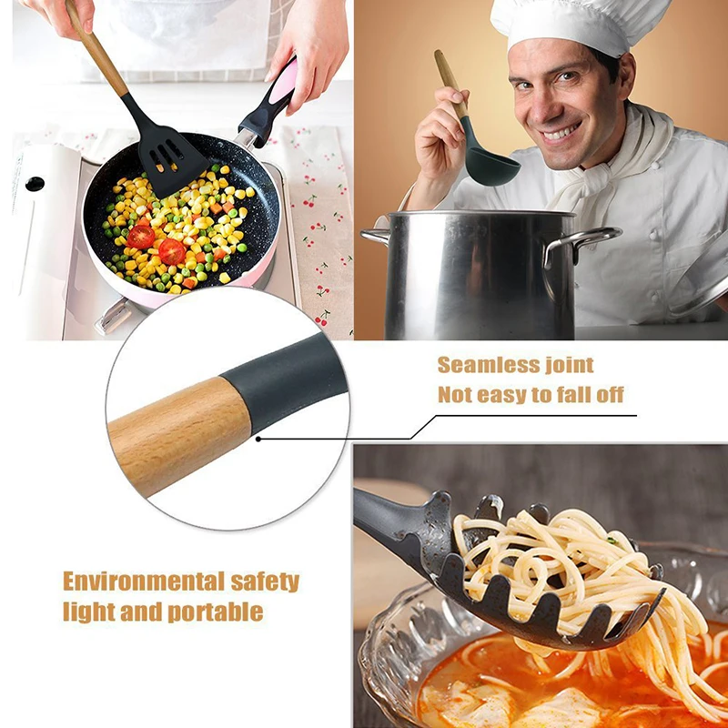 Silicone Kitchenware Cooking Spatula Soup Spoon Wooden Handle Non-stick Cookware Spatula Kitchen Cooking Tool