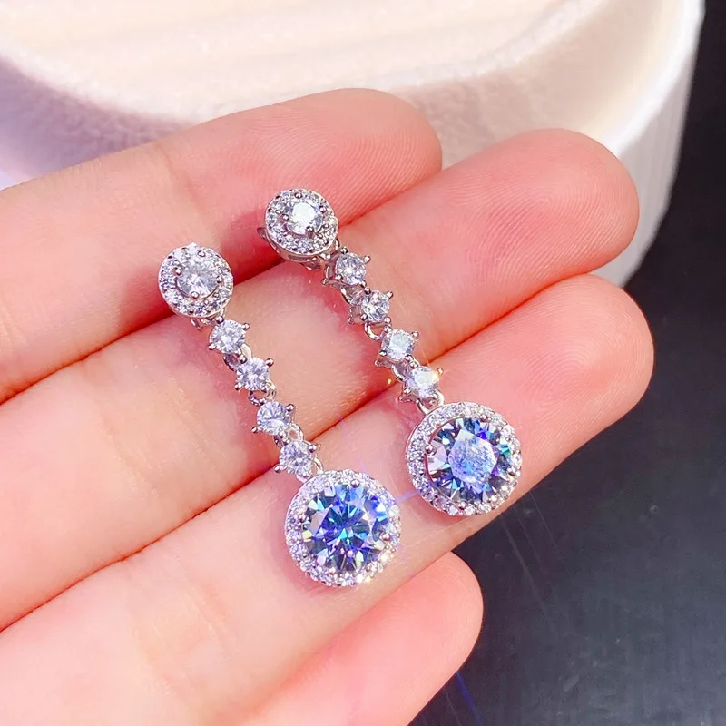 925 Sterling Silver 1 Carat Blue Color Moissanite Women Drop Earrings Engagement Gift Fine Jewelry