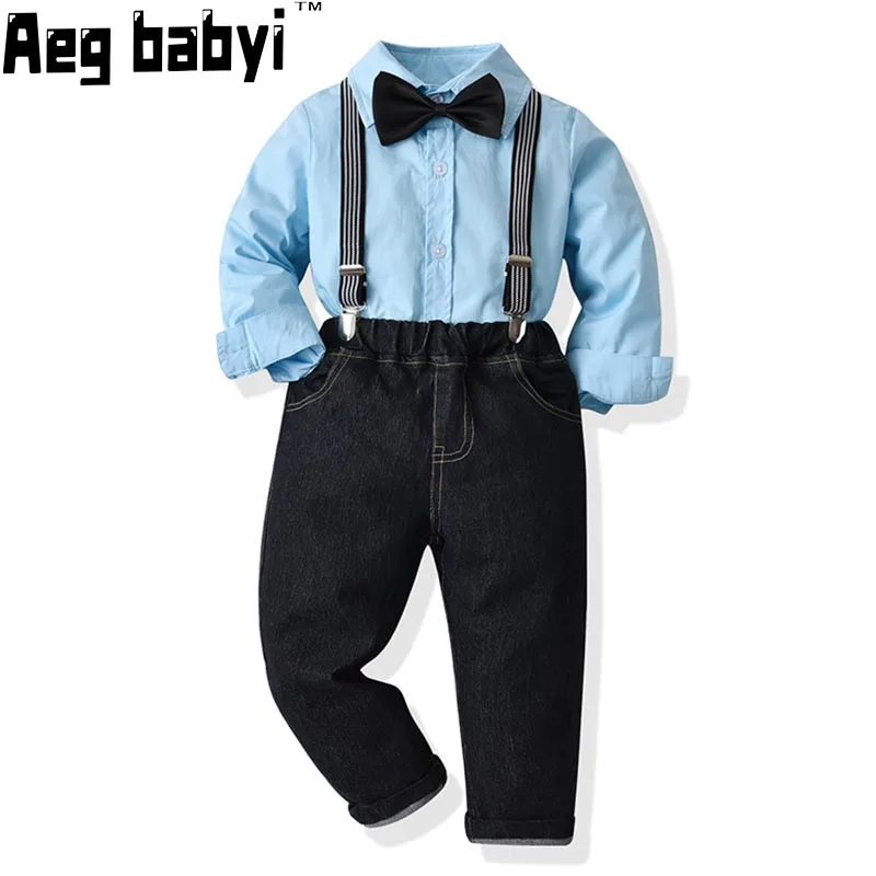 

Baby Boys Gentleman Clothing Set Kids Boy Long Sleeve Bowtie Shirts Tops + Suspenders Jeans Set Wedding Party Fashion Clothes