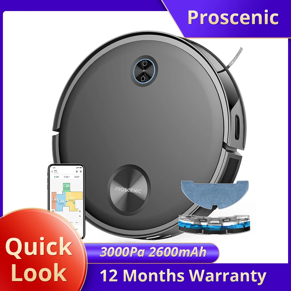 Proscenic V10 Robot Vacuum Cleaner 3 In 1 Vacuuming Sweeping and Mopping  3000pa Mopping LDS Navigation 2600mAh 120Mins Runtime